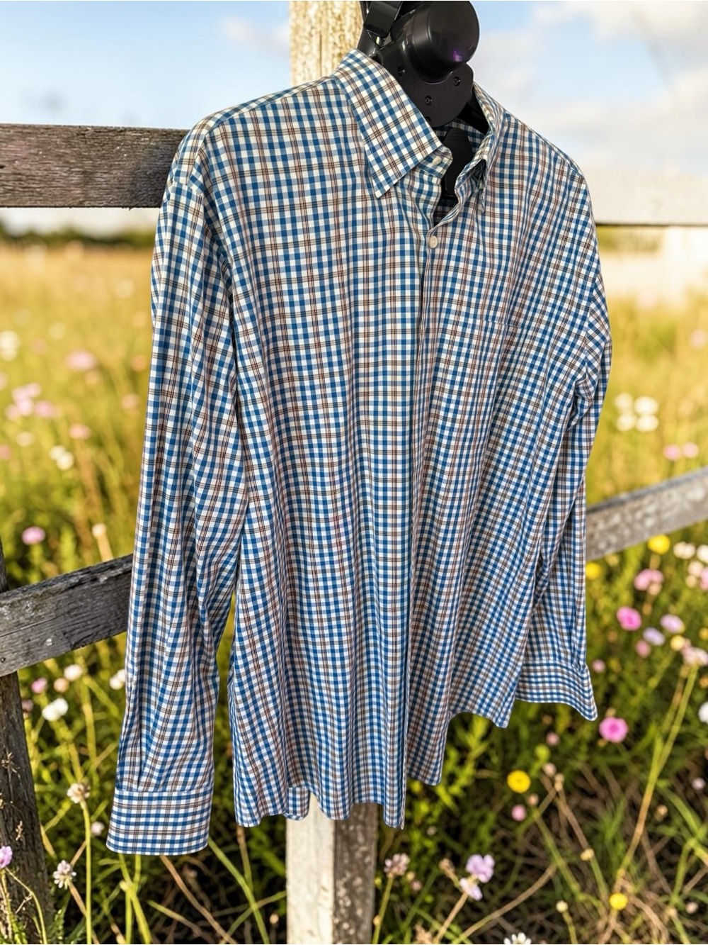 Peter Millar Men's Blue Brown White Gingham Plaid Button Down Long Sleeve Shirt